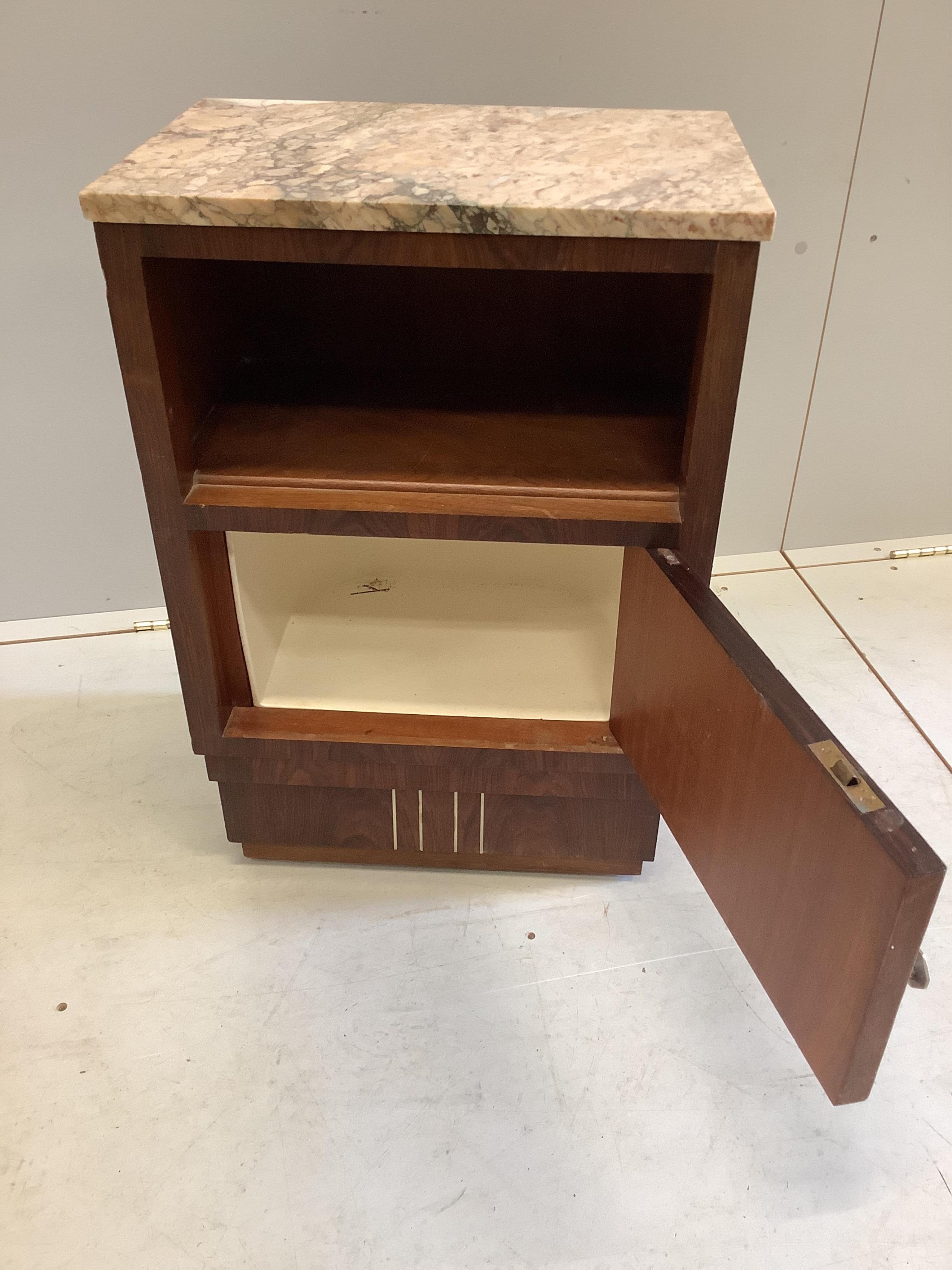 A French Art Deco inlaid rosewood marble top bedside cabinet, width 47cm, height 68cm. Condition - fair, but some light scuffing